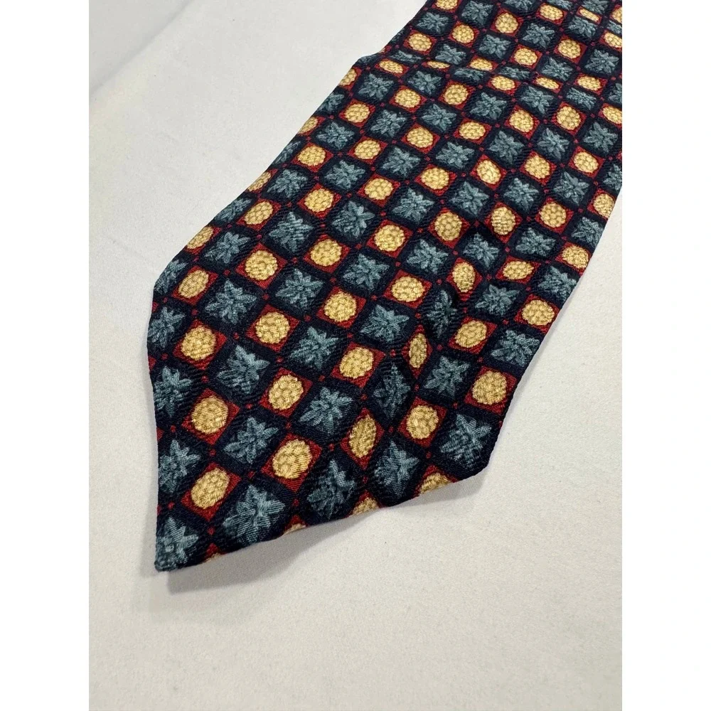 Valentino Tie Silk Geometric Medallion Hand Made Italy Navy Red Gold OS Exc